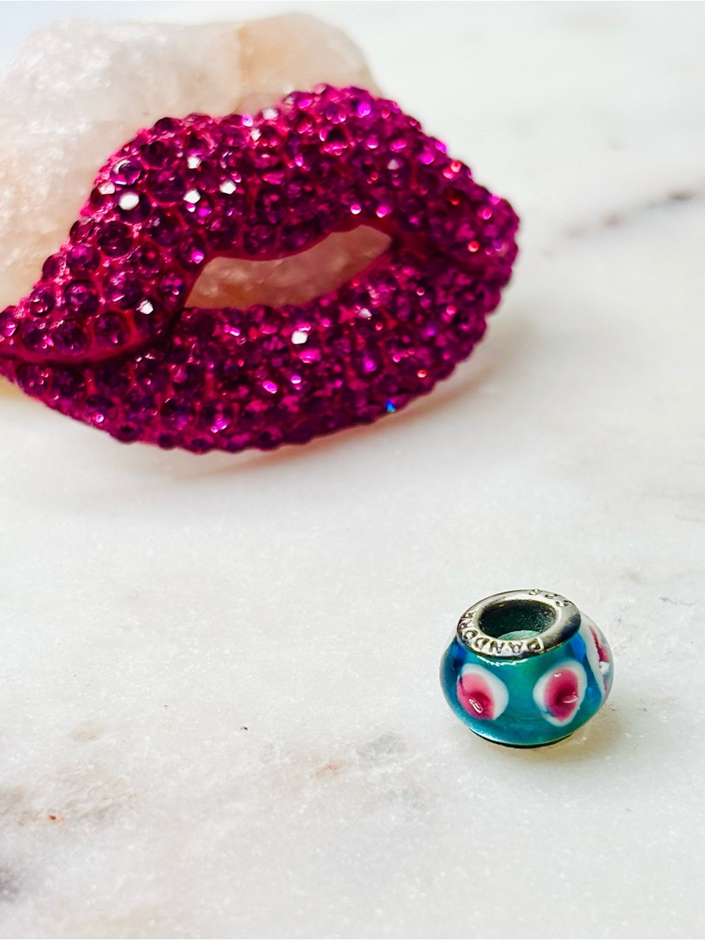 Pandora Blue Glass Charm with Pink White Floral Accent